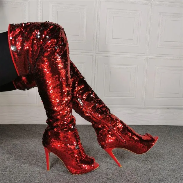 Womens Fashion Fish Mouth Sequin High Heel Over Knee Boots
