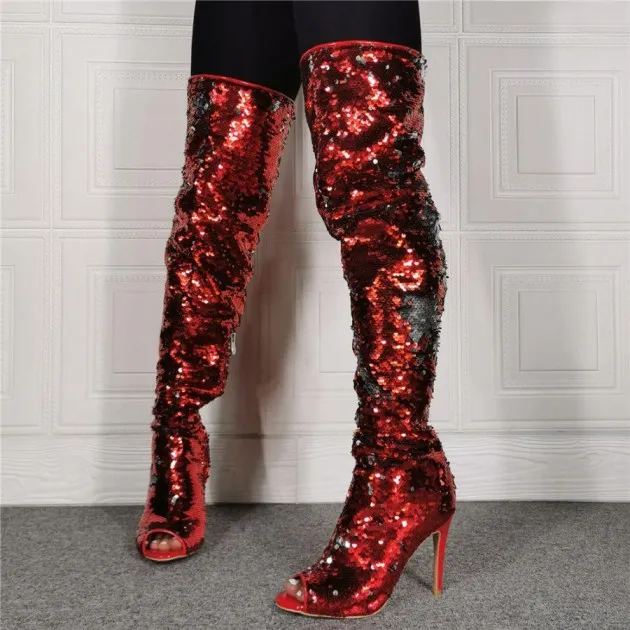 Botas por encima de la rodilla de tacón alto con lentejuelas y boca de pez a la moda para mujer