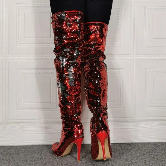 Botas por encima de la rodilla de tacón alto con lentejuelas y boca de pez a la moda para mujer