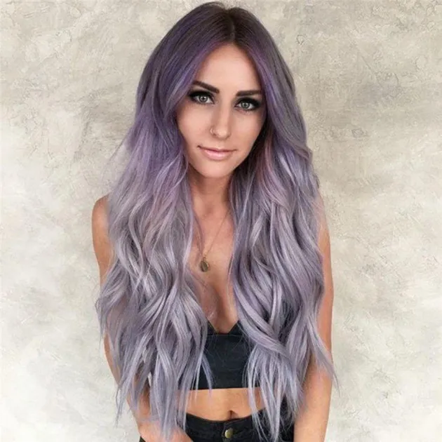 Purple-grey gradient ombre mid-length long curly hair