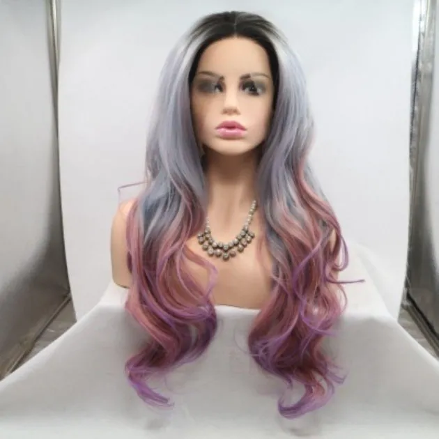 Front Lace Half Hand Hook Gradient Color Long Curly Wig