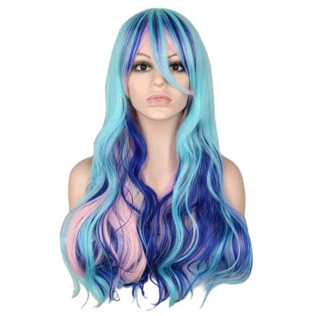 Cosplay Gradient Long Curly Wig turquoise pink blue