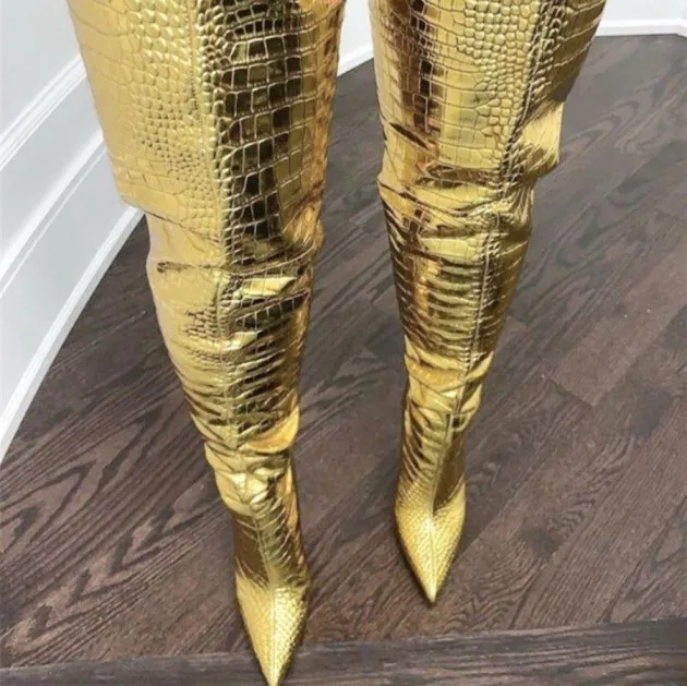 Gold Over The Knee Back Zipper High Heels