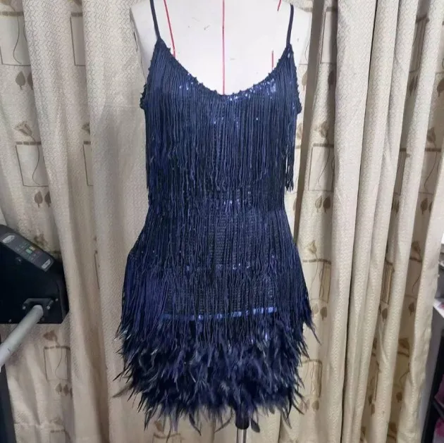 Tassel Sequins Feather Stitching Dress