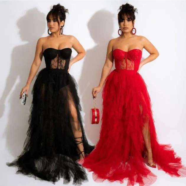 Lace Strapless Tube Top Solid Color Chiffon Dress