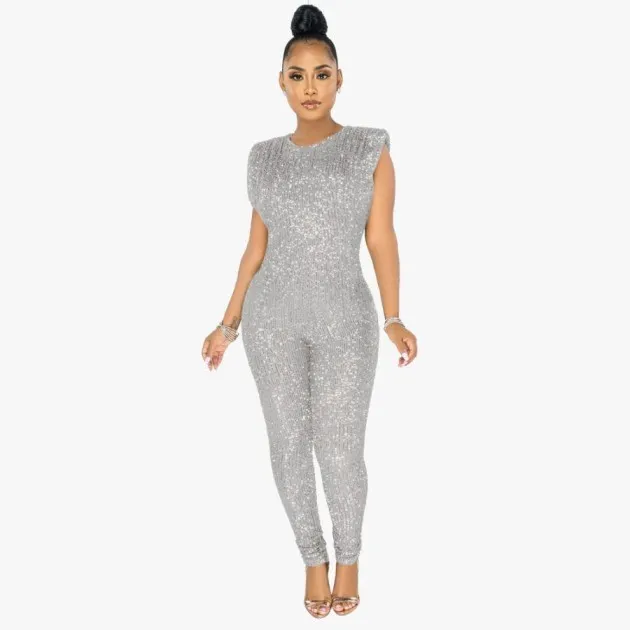 Womens Sequined Sleeveless Mid-waist Jumpsuit