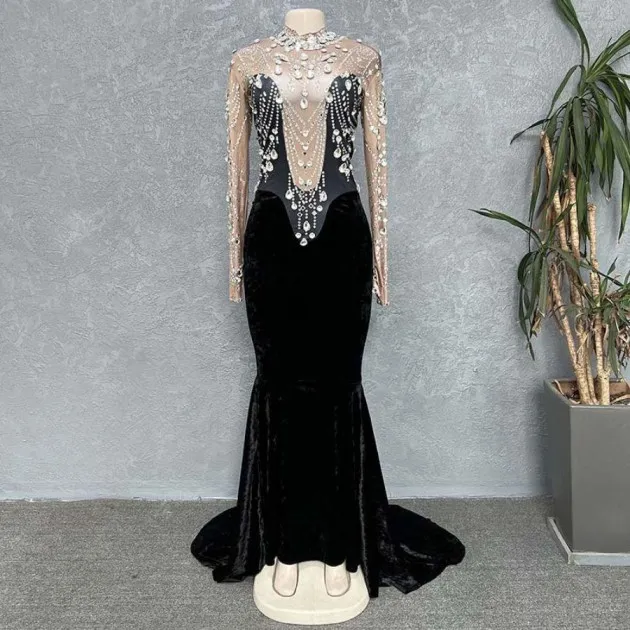 Flannel Hot Diamond Rhinestone Tassel Slim Custom Costume Evening Dress