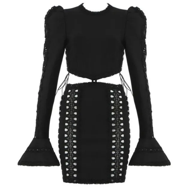 Long Sleeve Irregular Eyelet Tie Waistless Skinny Dress