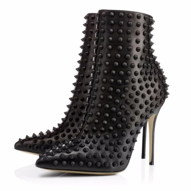 Ladies Black Full-body Rivet Pointed Toe Ankle Boots