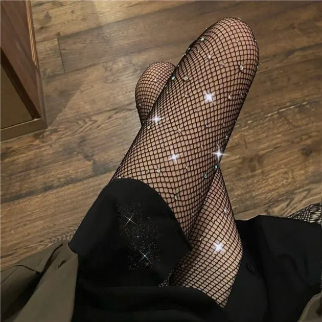 Rhinestone Stockings Black Ins Thin Fish Mouth Pantyhose