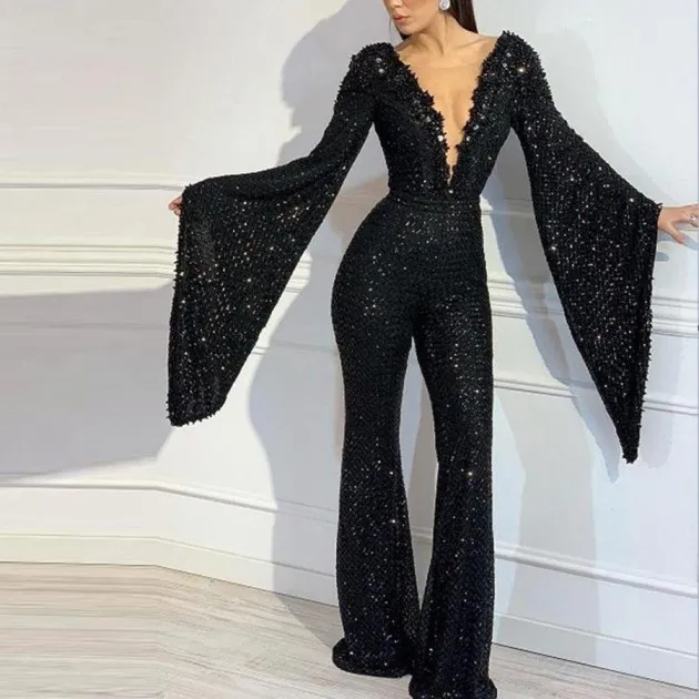 Sequin V-Neck Doll Sleeve Top Jumpsuit