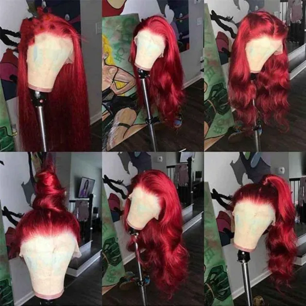 Peluca de pelo rojo con frente de encaje burdeos