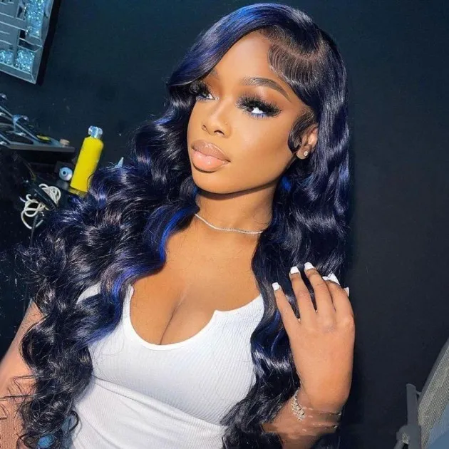 Highlight Wave Human Hair Lace Front Wig Black Blue