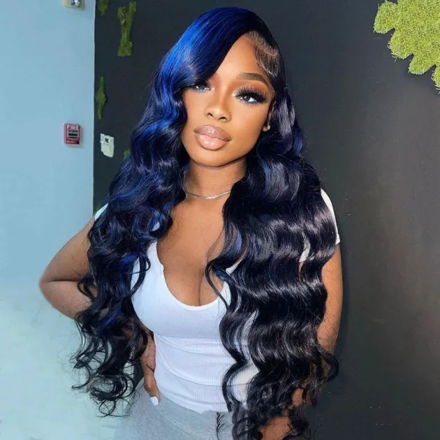 Highlight Wave Human Hair Lace Front Wig Black Blue