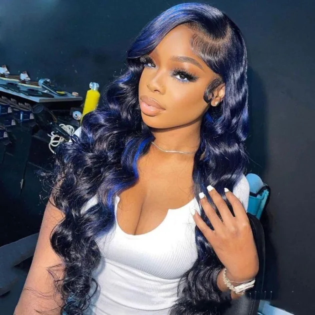Highlight Wave Human Hair Lace Front Wig Black Blue