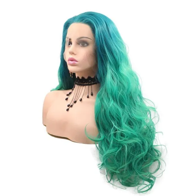 Peluca de pelo de encaje simple ombre azul a verde