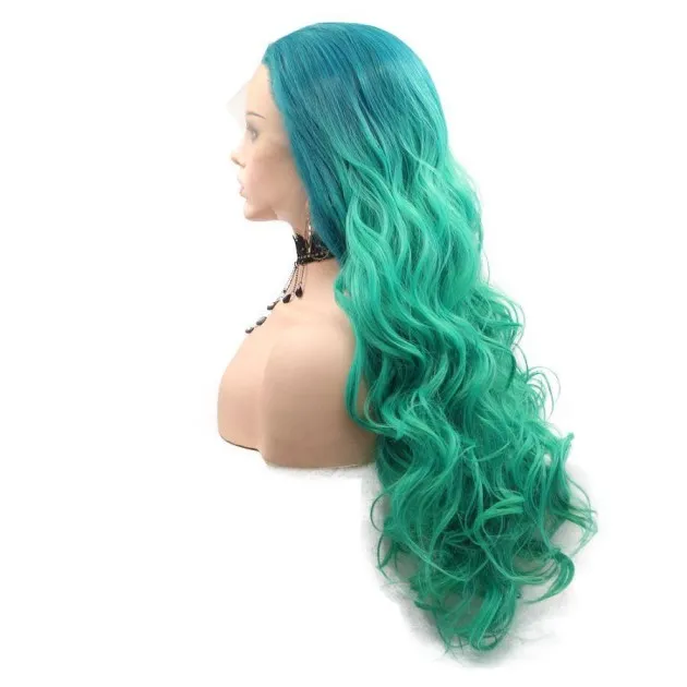 Peluca de pelo de encaje simple ombre azul a verde