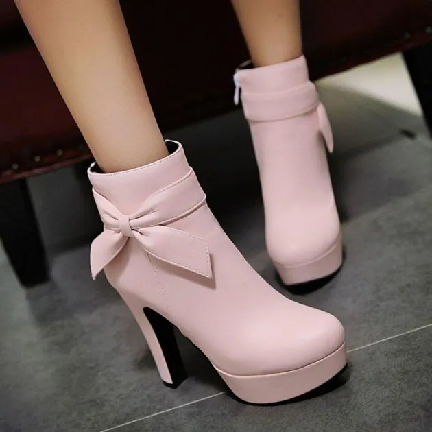 Bow thick and high waterproof platform womens ankle boots