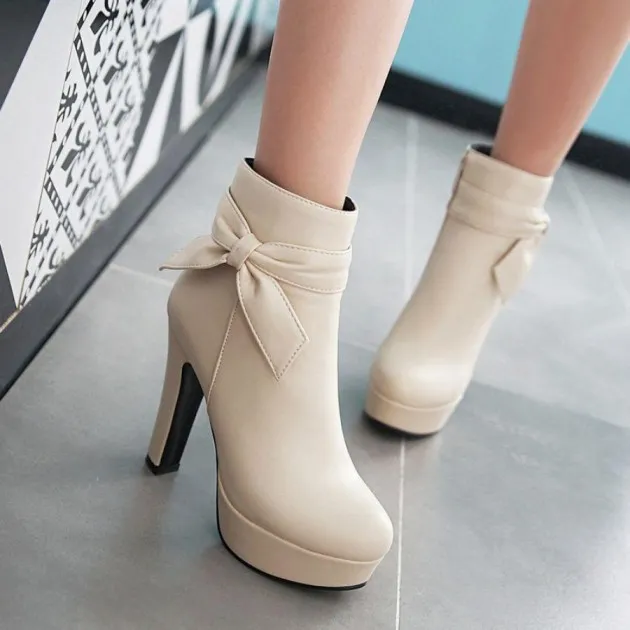 Bow thick and high waterproof platform womens ankle boots