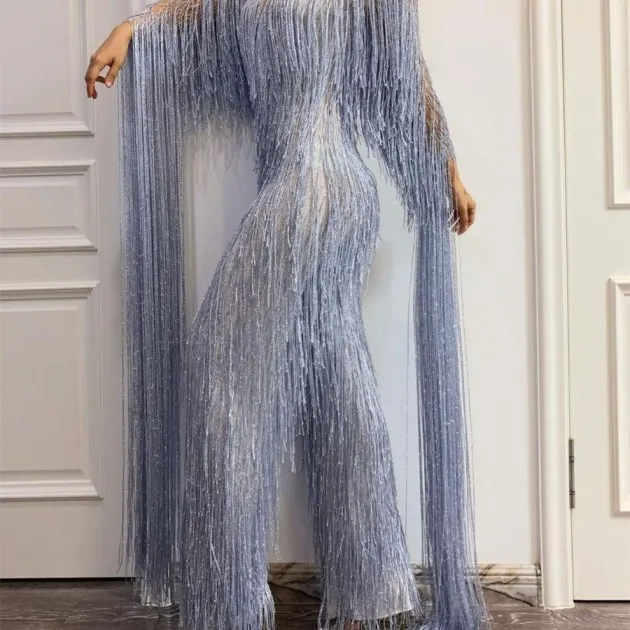 Rhinestone Fringed Mesh Elastic Thin Latin Dance Skirt Dress