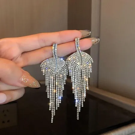 Pendientes De Borla De Hoja De Diamante De Plata Moda