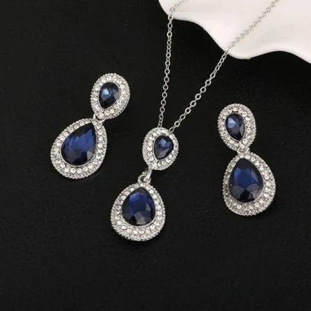 Blauwe Kristallen Druppel Hanger Ketting Oorbellen Set