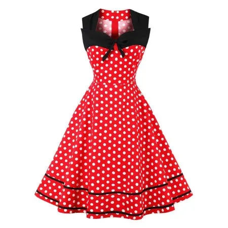 Vestido Retro De Lunares Con Cuello Cuadrado