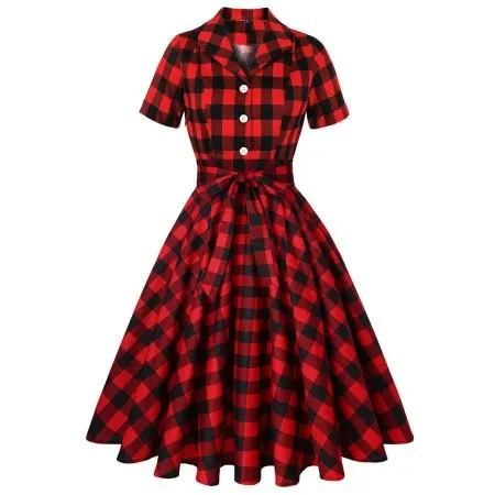 Vestido Grande Con Cordones Y Estampado De Manga Corta Con Solapa Sexy Retro