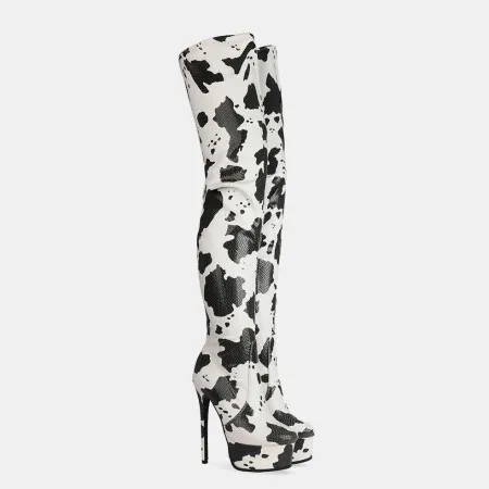 Botas Por Encima De La Rodilla Con Diseño De Vaca De Cabeza Redonda Y Plataforma