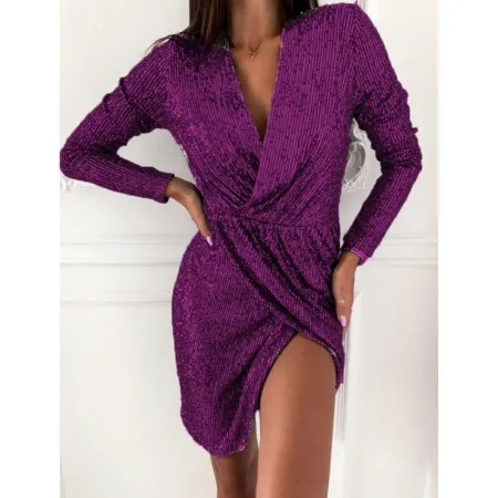 Minifalda De Manga Larga Con Cuello En V Y Vestido De Lentejuelas Para Mujer
