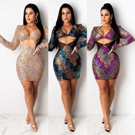 Vestido De Manga Larga Con Lentejuelas Y Estampado De Viajero