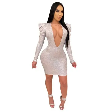 Vestido Sexy De Lentejuelas Con Escote En V Profundo