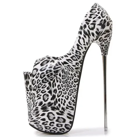 Estampado De Leopardo Boca De Pescado Tacones Altos Stiletto De Hierro Tamaño Grande