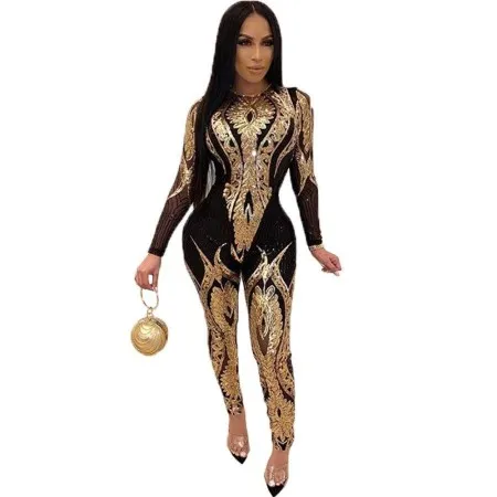 Sequined Womens Long-sleeve See-through Jumpsuit