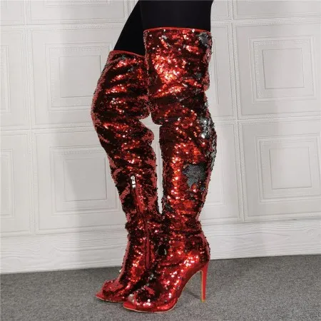 Botas Por Encima De La Rodilla De Tacón Alto Con Lentejuelas Y Boca De Pez A La Moda Para Mujer
