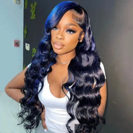 Highlight Wave Human Hair Lace Front Wig Black Blue