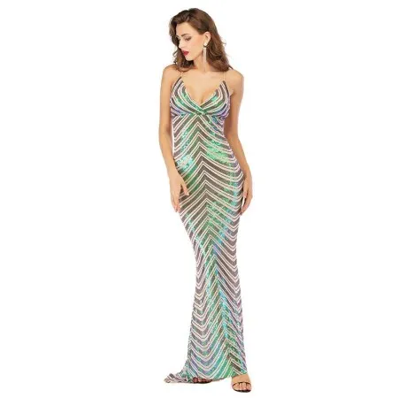 Vestido Halter Con Tirantes, Vestido De Lentejuelas Elásticas Con Escote En V Profundo