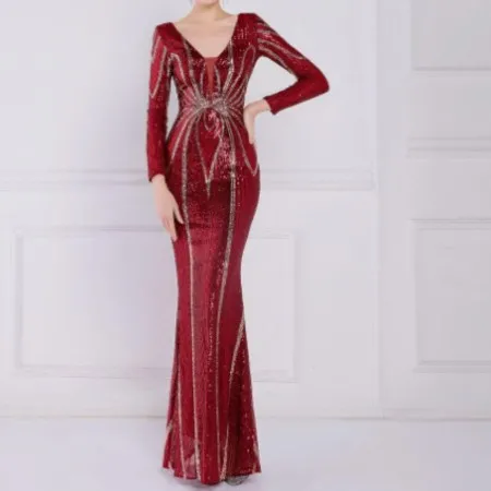 Banquete Elegante Vestido De Cola De Pez Aura Queen De Manga Larga Con Lentejuelas
